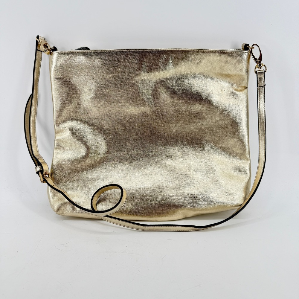 Folli Follie Crossbody Bag Womens Gold Metallic Textured Faux Leather Zip Top